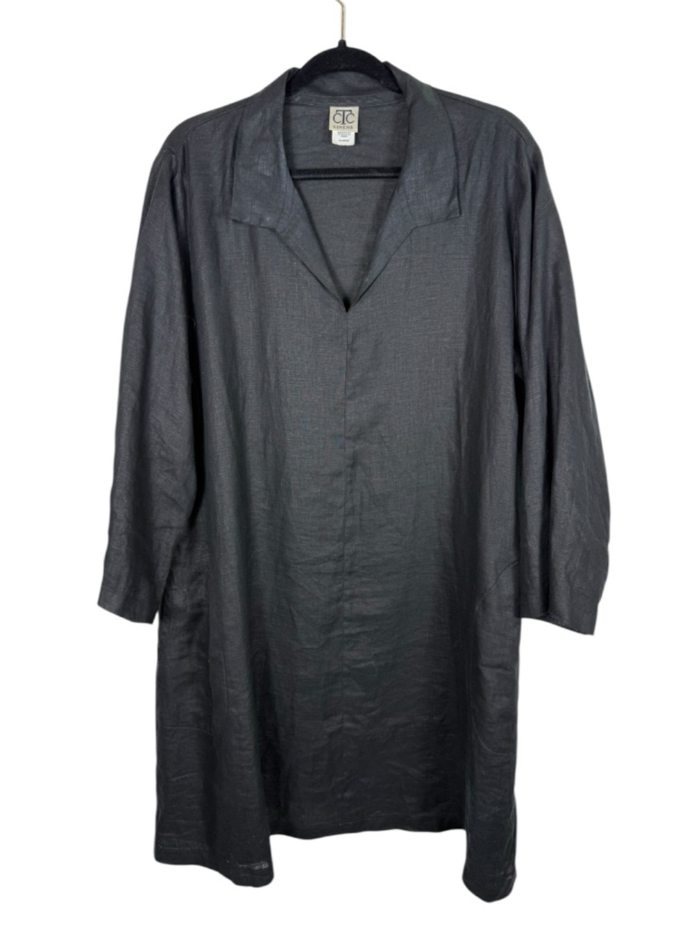 CTC Linens Black Linen Collared Tunic Shirt Dress Quiet Luxury Minimalist Sz XL